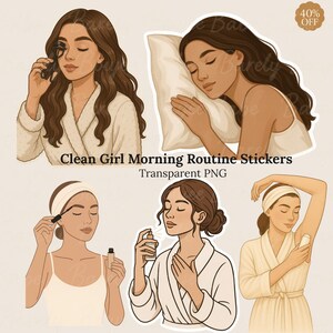 Op de afbeelding: Een verzameling stickers met illustraties van een vrouw die een ochtendroutine uitvoert. De afbeeldingen tonen een vrouw die een wimperkruller gebruikt, slaapt, mascara aanbrengt, parfum spuit en deodorant aanbrengt. De tekst "Clean Girl Morning Routine Stickers" en "Transparent PNG" is ook aanwezig.