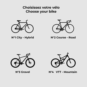 Choisissez votre vélo avec quatre modèles : City Hybrid, Course Road, Gravel et VTT, guide visuel pour bracelet vélo personnalisé / Choose your bike with four styles: City Hybrid, Road bike, Gravel bike and Mountain bike (MTB), visual guide to select your engraved bike bracelet, cycling gift customization option, personalized cyclist jewelry, handmade in France, perfect gift for bike lovers