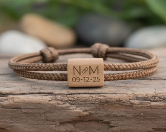 Engraved Initial and Date Wooden Bracelet – Wedding/Anniversary Gift – Personalized Couple Jewelry – Wedding Keepsake – Cord – Handmade in France