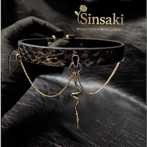 Luxury Black Python Textured Leather Choker with Wavy Snake Gold Chain, Charm Collar, Vintage Dark Fantasy Necklace,Unique Designer Sinsaki