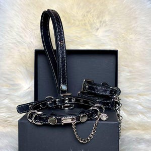 Set med kattöronhalsband och koppel i gotiskt läder, svarta minimalistiska choker-handledsmanschetter, matchande smycken