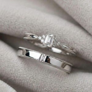 S925 Sterling Silver Couple Ring Set, Adjustable Matching Rings, Emerald Cut CZ Promise Rings, Minimalist Open Band Ring