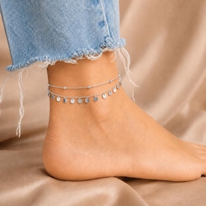 925 Sterling Silver Layered Anklet, Dainty Disc Ankle Bracelet, Double Chain Silver Anklet, Boho Beach Anklet, Anklets for Women