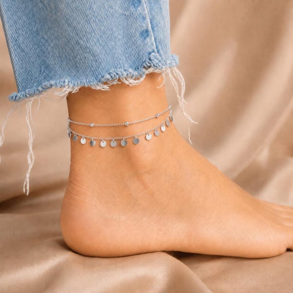 925 Sterling Silver Layered Anklet, Dainty Disc Ankle Bracelet, Double Chain Silver Anklet, Boho Beach Anklet, Anklets for Women