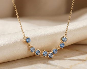 Blue Gemstone Necklace for Women, 18K Gold Plated Silver Chain, Blue Crystal Pendant, Anniversary Birthday Gift for Her, Wife Mom Gift