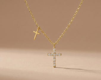 Tiny Double Cross Necklace, 14K Gold Cross necklace, Cross Jewelry, Dainty Gold Cross Necklace, Double Cross Pendant, Diamond Cross Necklace