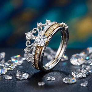 Anello a corona impilabile, argento sterling 925, anello a doppio strato, anello con moissanite