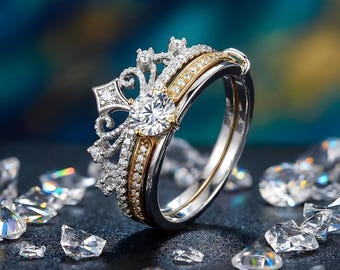 Anel Coroa Empilhável, Prata de Lei 925, Anel de Camada Dupla, Anel de Moissanita