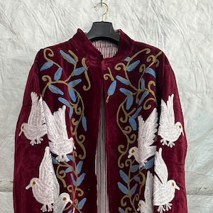 Indian Velvet Suzani Coat, White Bird Embroidered Long Jacket, Burgundy Bohemian Overcoat, Statement Outerwear Moon & Vine Embroidery Coat image 4