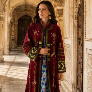 Handmade Embroidered Velvet Suzani Burgundy Long Overcoat Jacket | Boho Velvet Coat Artisan Floral Embroidery | Luxury Statement Outerwear