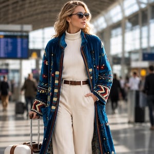 Blue Velvet Suzani Embroidered Long Overcoat Jacket | Boho Chic Statement Coat | Artisan Floral Embroidery | Vintage Inspired Velvet Duster