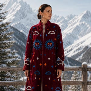 Handmade Velvet Suzani Long Coat, Celestial Embroidered Overcoat, Artisan Festival Outerwear Burgundy Boho Jacket, Sun & Mountain Art Coat