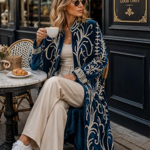 Indian Handmade Blue Velvet Suzani Coat | Embroidered Long Velvet Jacket | Bohemian Luxury Coat | Festival Wear | Women's Statement Coat image 2
