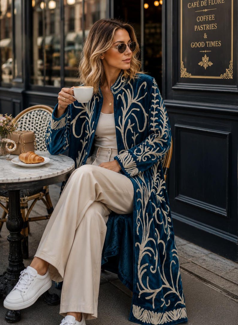 Indian Handmade Blue Velvet Suzani Coat | Embroidered Long Velvet Jacket | Bohemian Luxury Coat | Festival Wear | Women's Statement Coat image 2