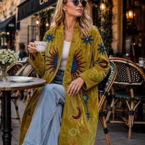 Long Velvet Celestial Suzani Embroidered Coat Handmade Velvet Jacket | Sun Moon Star Embroidery Coat | Statement Festival Outerwear Overcoat