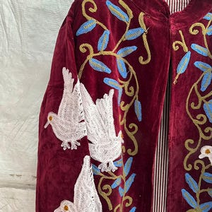 May include: A deep burgundy velvet jacket featuring intricate embroidery of white birds and gold vines with blue leaves. The garment has a high collar and a vertical red and white striped lining visible along the front opening, hanging on a black hanger.