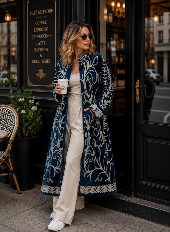 Indian Handmade Blue Velvet Suzani Coat | Embroidered Long Velvet Jacket | Bohemian Luxury Coat | Festival Wear | Women's Statement Coat
