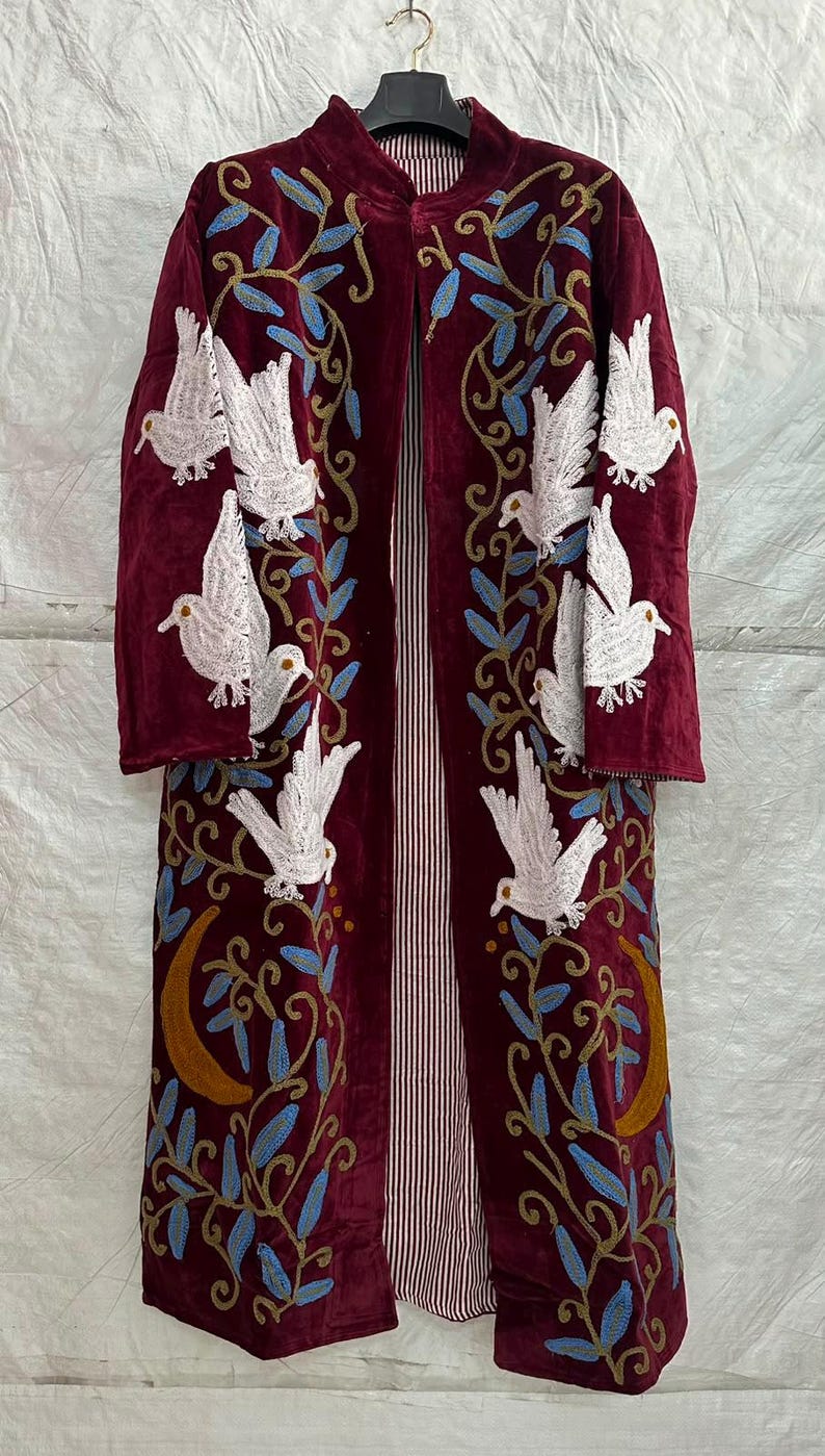 Indian Velvet Suzani Coat, White Bird Embroidered Long Jacket, Burgundy Bohemian Overcoat, Statement Outerwear Moon & Vine Embroidery Coat image 4