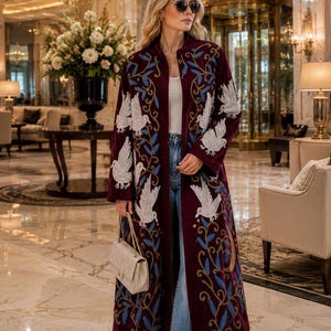 Indian Velvet Suzani Coat, White Bird Embroidered Long Jacket, Burgundy Bohemian Overcoat, Statement Outerwear Moon & Vine Embroidery Coat