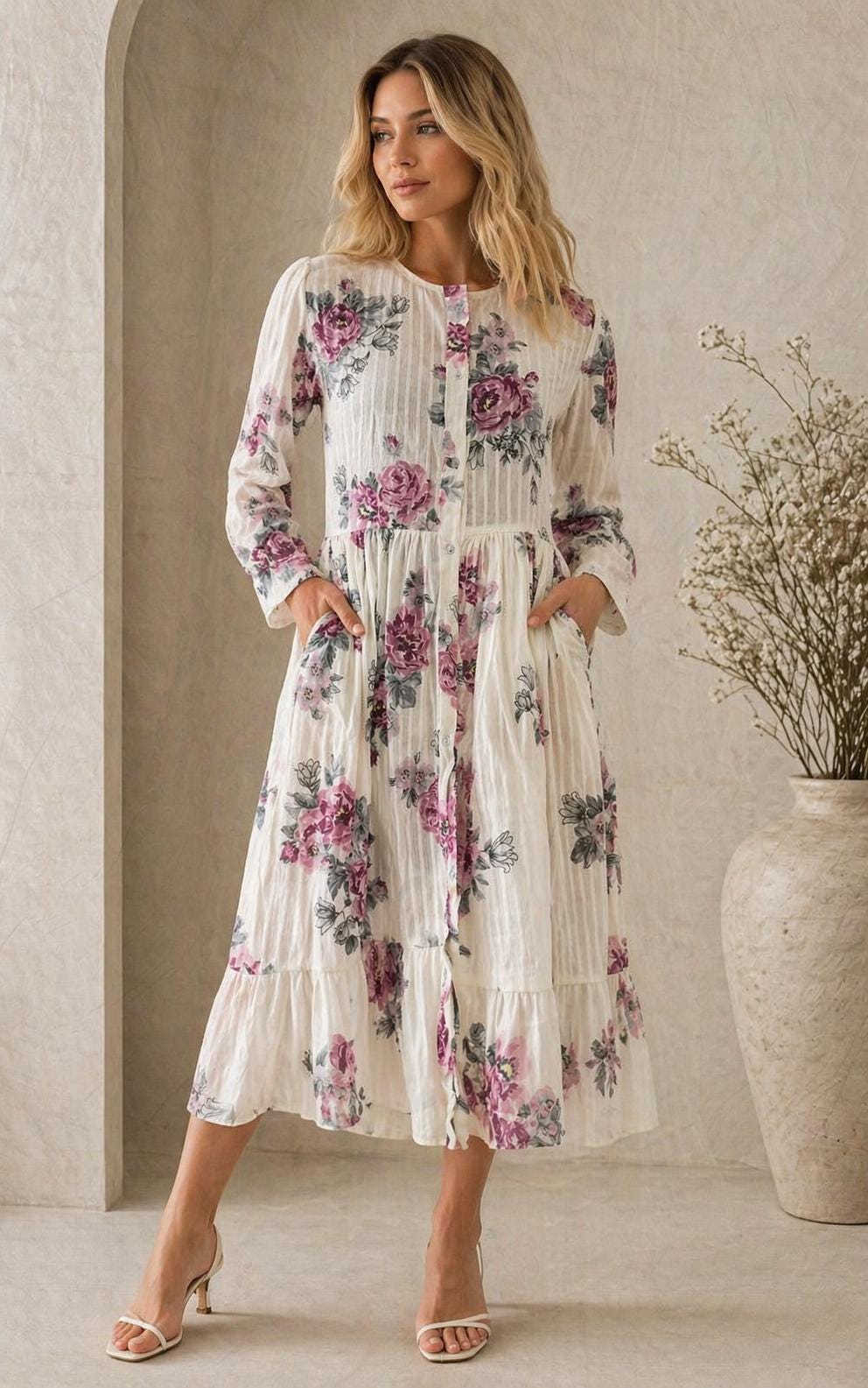 Women Floral Maxi Dress, Boho Midi Dress, Cotton Dress, Romantic Garden Party Dress,Vintage Inspired Button Front Dress, Spring Summer Dress
