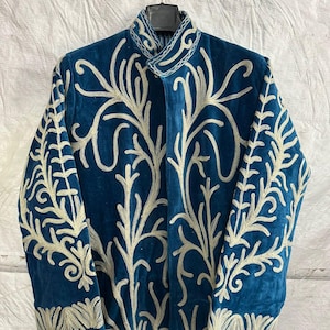 Indian Handmade Blue Velvet Suzani Coat | Embroidered Long Velvet Jacket | Bohemian Luxury Coat | Festival Wear | Women's Statement Coat image 7
