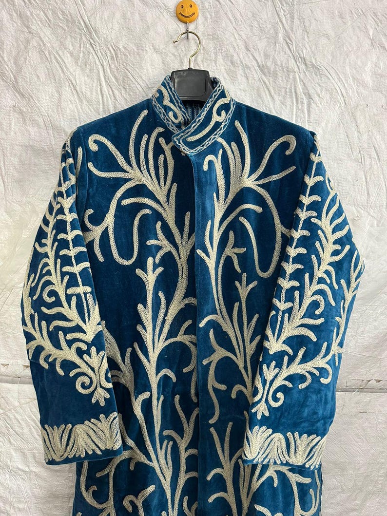 Indian Handmade Blue Velvet Suzani Coat | Embroidered Long Velvet Jacket | Bohemian Luxury Coat | Festival Wear | Women's Statement Coat image 7