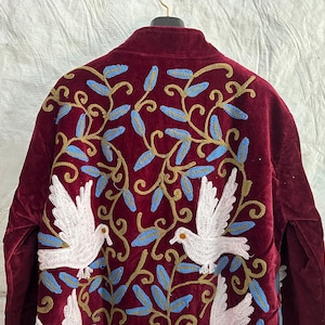 Indian Velvet Suzani Coat, White Bird Embroidered Long Jacket, Burgundy Bohemian Overcoat, Statement Outerwear Moon & Vine Embroidery Coat image 12