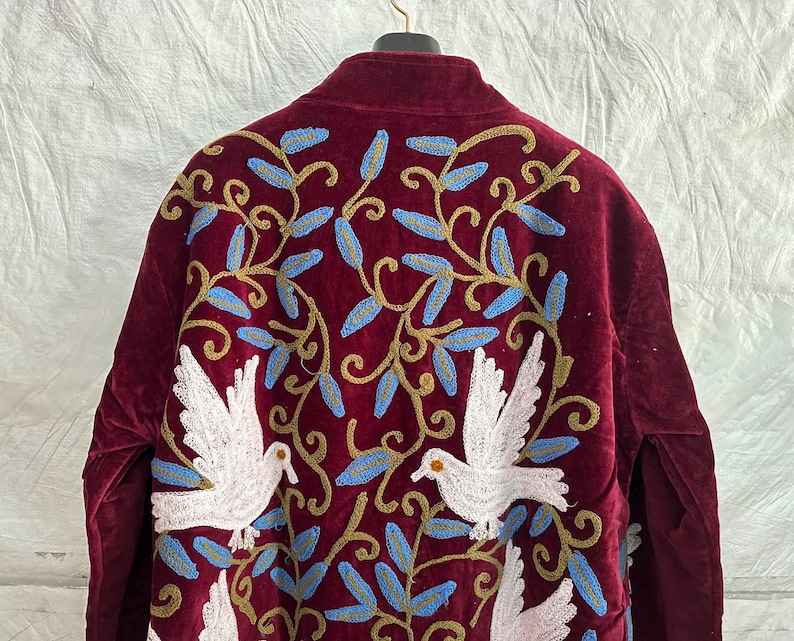 Indian Velvet Suzani Coat, White Bird Embroidered Long Jacket, Burgundy Bohemian Overcoat, Statement Outerwear Moon & Vine Embroidery Coat image 12