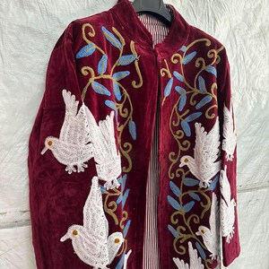 Indian Velvet Suzani Coat, White Bird Embroidered Long Jacket, Burgundy Bohemian Overcoat, Statement Outerwear Moon & Vine Embroidery Coat image 9