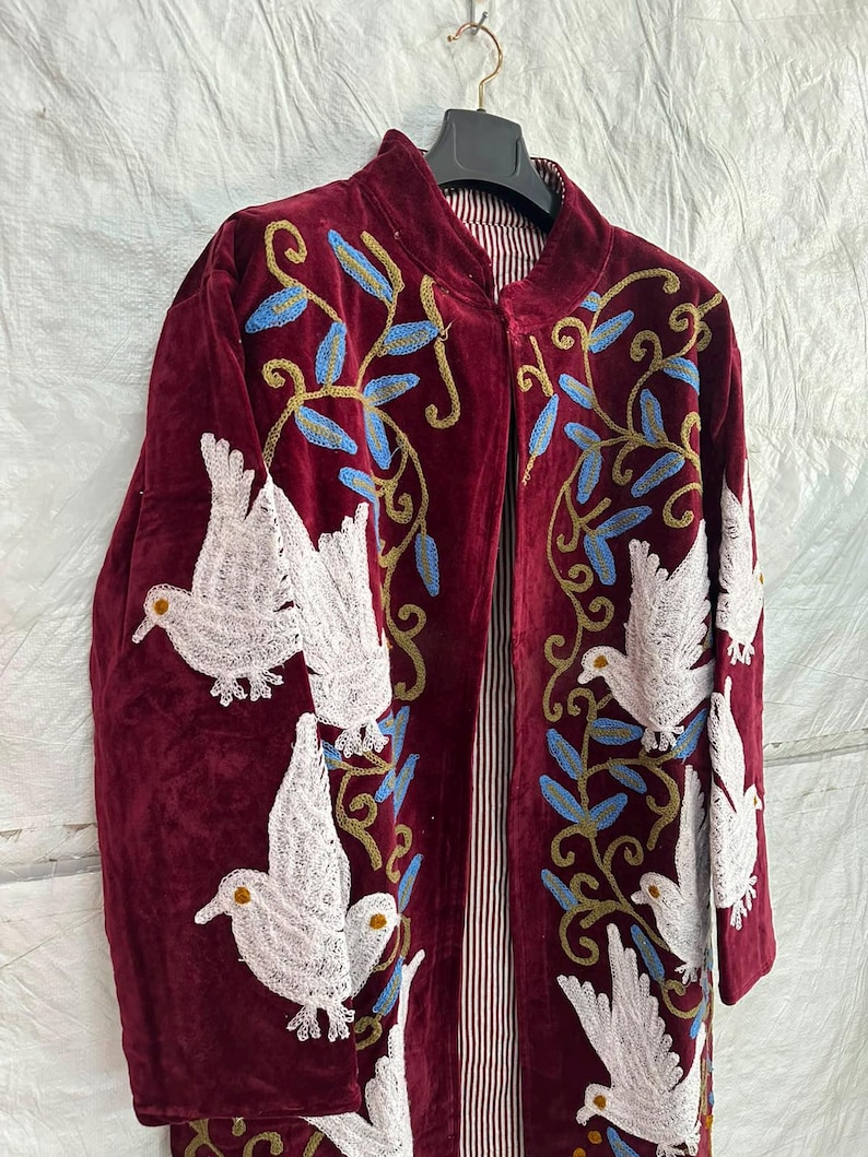 Indian Velvet Suzani Coat, White Bird Embroidered Long Jacket, Burgundy Bohemian Overcoat, Statement Outerwear Moon & Vine Embroidery Coat image 9