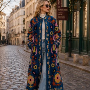 Uzbek Suzani Floral Embroidery Velvet Suzani Embroidered Long Overcoat Jacket | Indian Boho Luxury Coat | Vintage Style Statement Outerwear