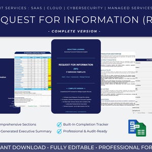 以下が含まれることがあります： 「REQUEST FOR INFORMATION (RFI)」と「IT SERVICES」の白文字が入った濃紺のグラフィック。画像にはドキュメントテンプレート、完了トラッカー、ExcelとWordのアイコンが含まれています。