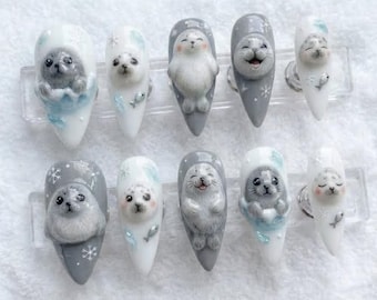 Kawaii 3D Seal Pup Press On Nails | Grey & White Winter Snowflake Nail Art
