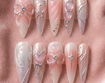 Pink Coquette Cyber Sigilism Press On Nails | 3D Glitter Bow & Heart Nail Art