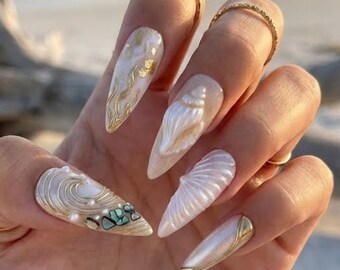 3D Mermaid Press-On Nails, Gold Chrome, Abalone Shell, Bridal Beach Nail Art
