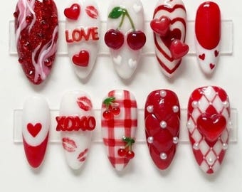 XOXO Sweetheart Press On Nails | 3D Red & White - Cherry, Lipstick Kiss Valentine Nail Art