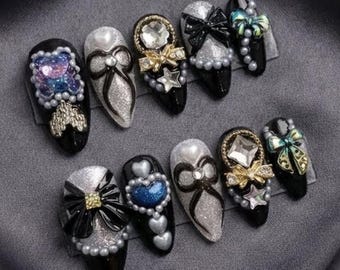 Maximalist Black Galaxy Press On Nails | 3D Gothic Coquette - Heart & Bow Charms