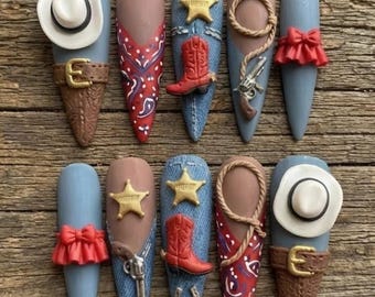 Vintage Western Press On Nails | 3D Cowgirl Rodeo Design