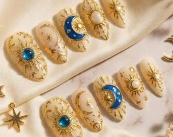 Celestial Mystic: Sun & Moon Luxury 3D Press-On Nails | Celestial Gemstone Boho Nail Art