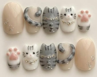 3D Cat Press On Nails – Kawaii Kitten Nail Art