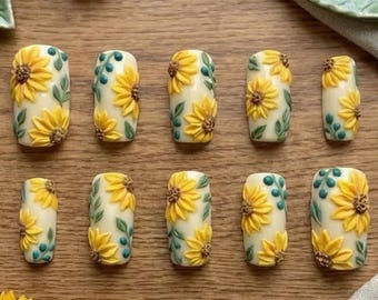 3D Textured Sunflower Press On Nails | Available in Cream, Blue, Rust, or Black