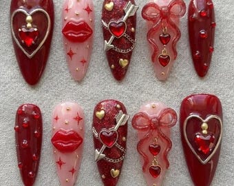 Red Velvet 3D Valentine Romance Press-On Nails | Coquette Heart & Lips Luxury Nail Art