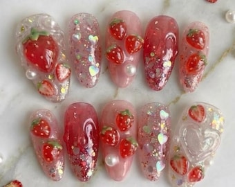 Sweet Strawberry Shortcake 3D Press On Nails | Pink Jelly Coquette- Summer Kawaii Nail Art