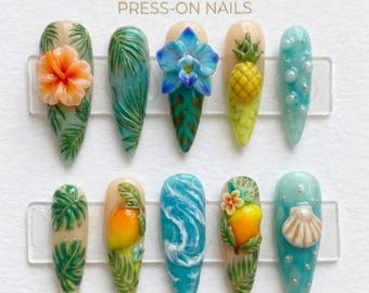 Hawaiian Tropic 3D Press On Nails | Tropical Pineapple Hibiscus Vacation Summer Nail Art