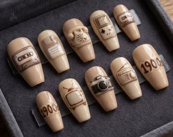 Funny 3D Retro Press-On Nails | "Please Be Patient With Me, I'm From The 1990s" Design