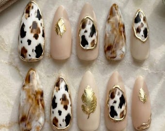 Western Cow Print Press On Nails | 3D Gold, Marble Nail Art