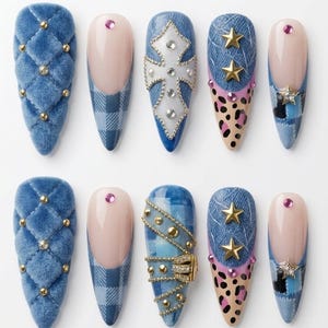 Y2K Denim Press-On Nails, Rodeo Diva, 3D Chrome Cross, Leopard Print