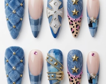 Y2K Denim Press-On Nails, Rodeo Diva, 3D Chrome Cross, Leopard Print