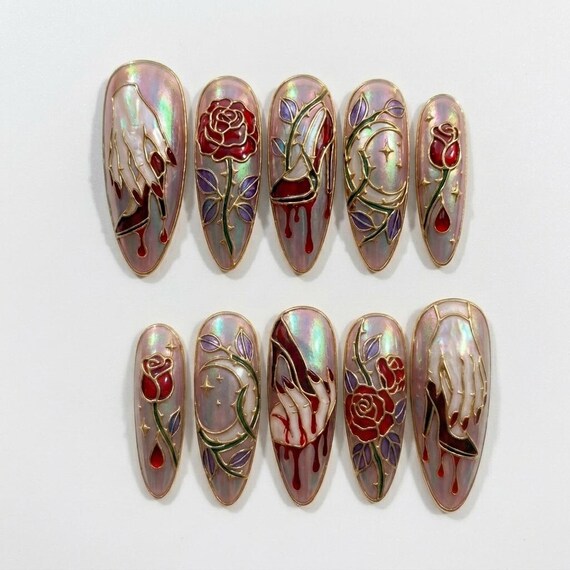 Gothic Rose Stained Glass Press On Nails, Dark Romance Art Nouveau False Nails