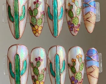 Handmade Stained Glass Cactus Press On Nails, Iridescent Desert Art